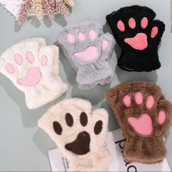 x2 Pairs Plush Paw Fingerless Gloves - Brand New - Picture 1 of 7